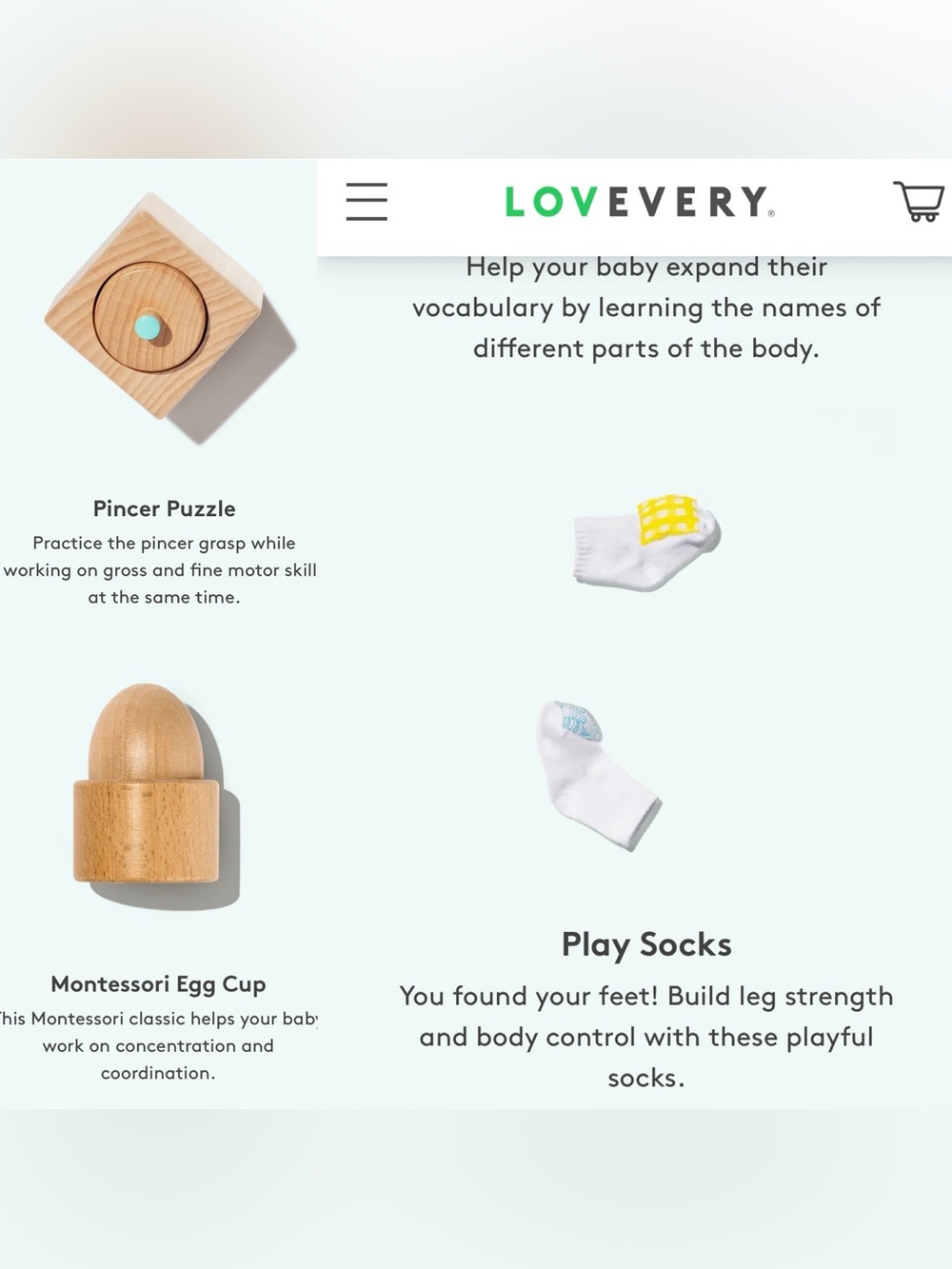 Lovevery White rattle Play Socks, Egg Cup, and Pincer Puzzle Bundle